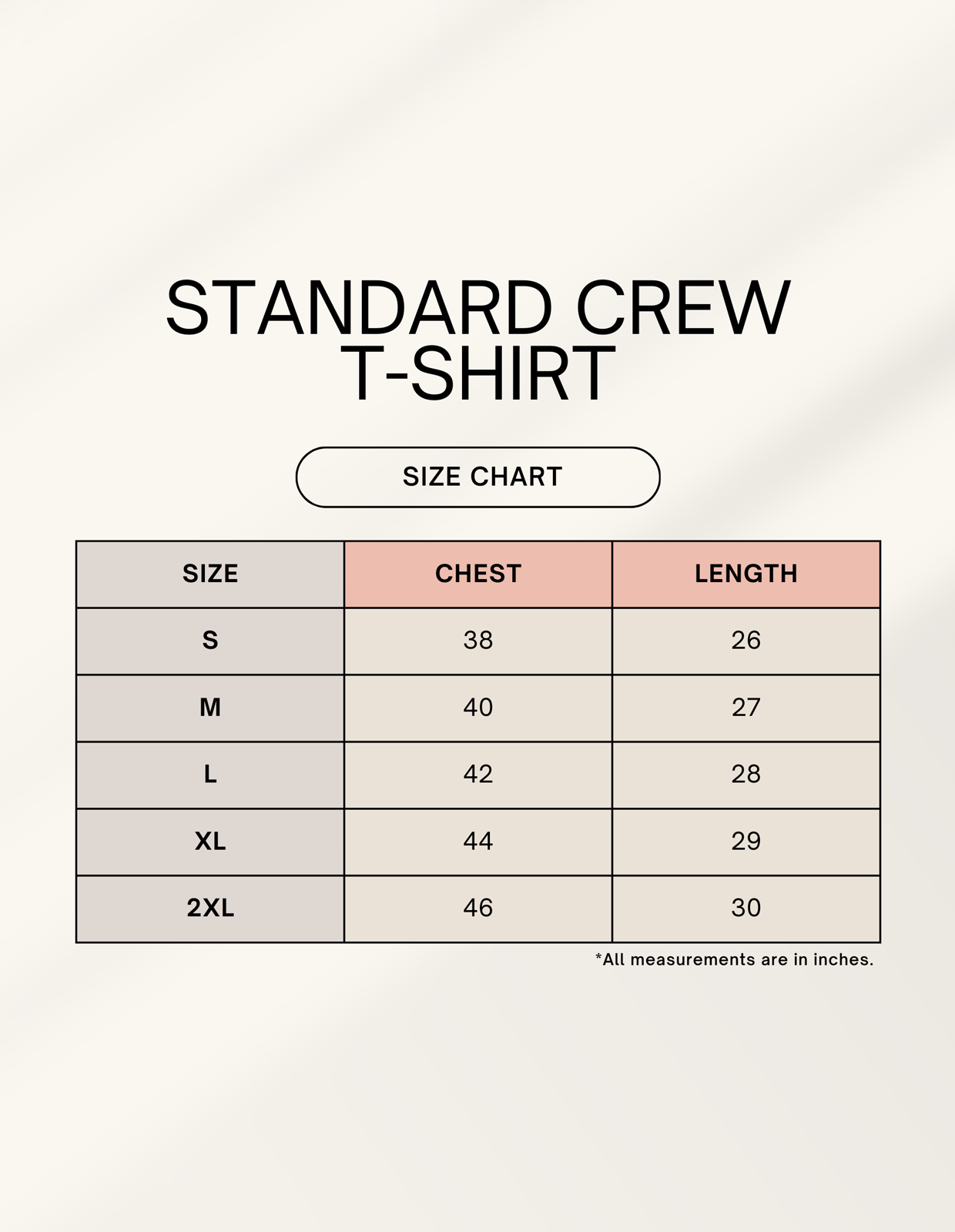 Size chart for Trouble Maker t-shirt (unisex regular fit), sizes S to XXL