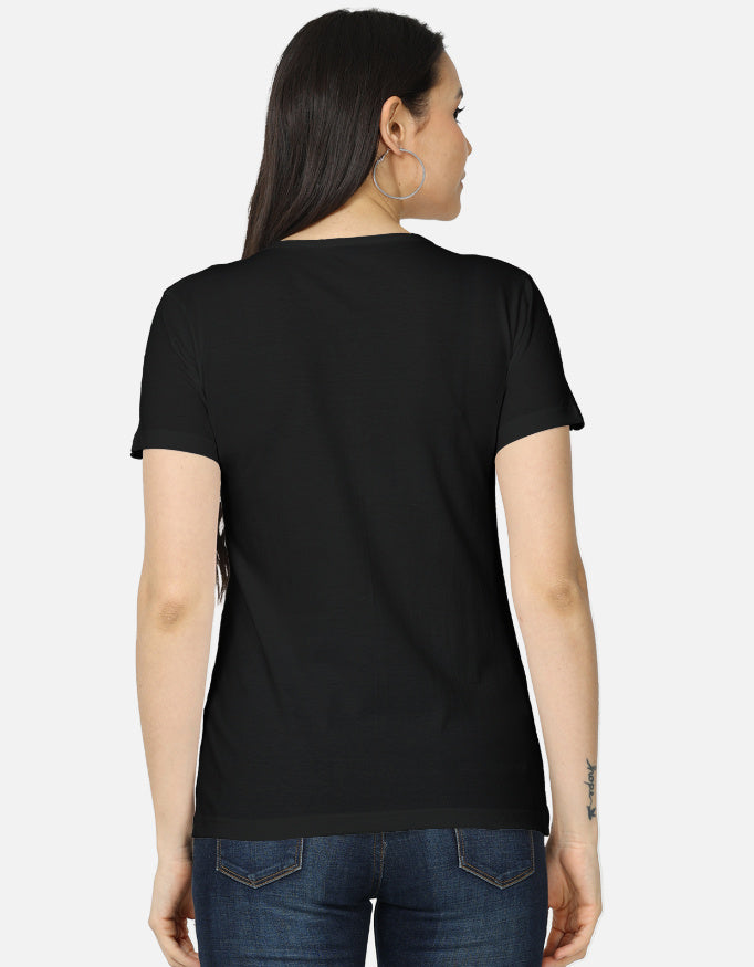 Black cotton t-shirt with "Theek Hai, Drama Loading" print, women's regular fit - back view