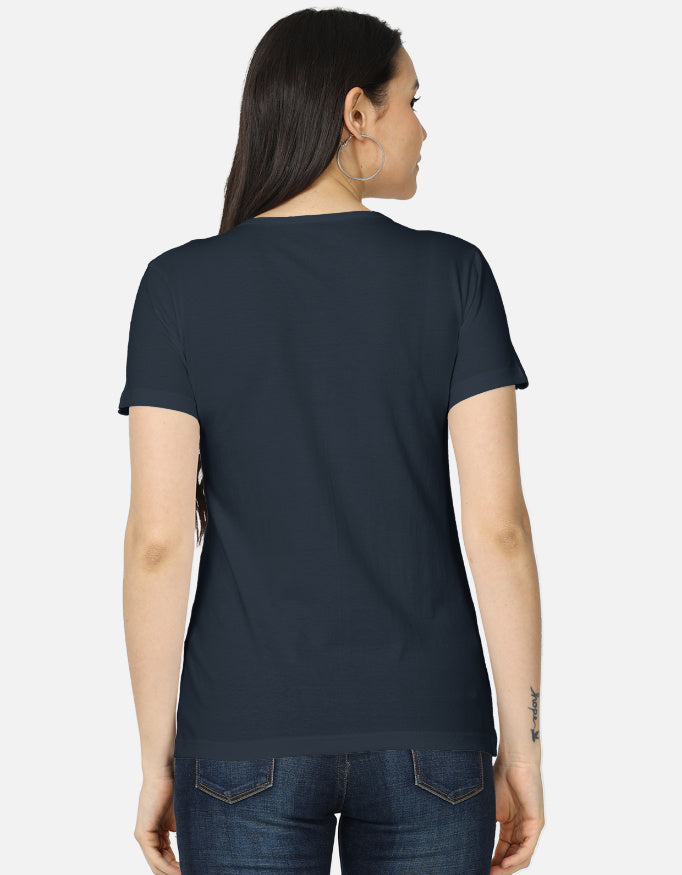 Navy Blue cotton t-shirt with "Theek Hai, Drama Loading" print, women's regular fit - back view