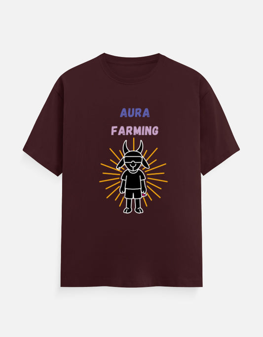 Maroon cotton t-shirt with "Aura Farming" print, unisex regular fit - front view