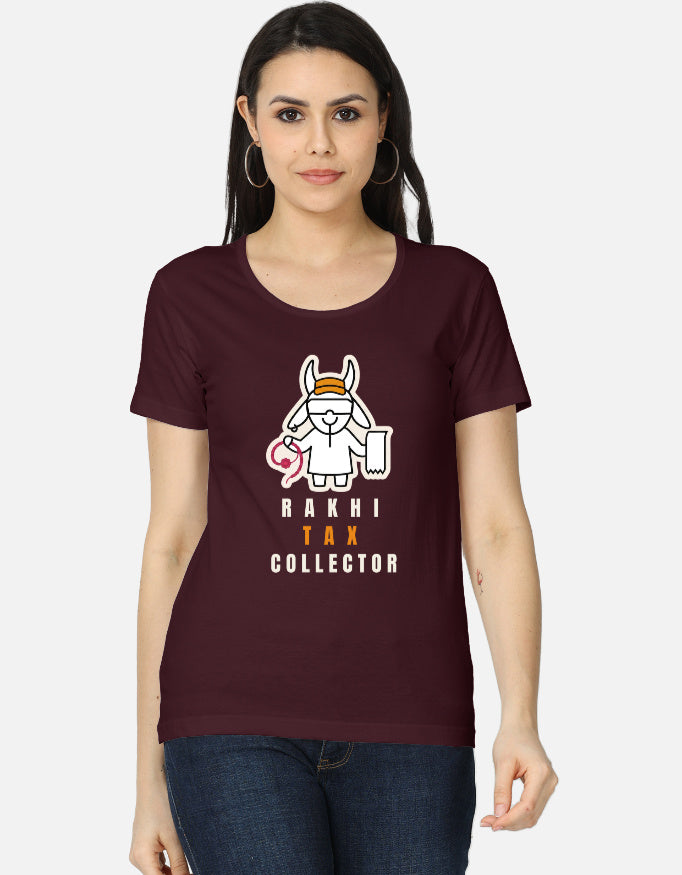 Maroon cotton t-shirt with "Rakhi Tax Collector" print, unisex regular fit - front view