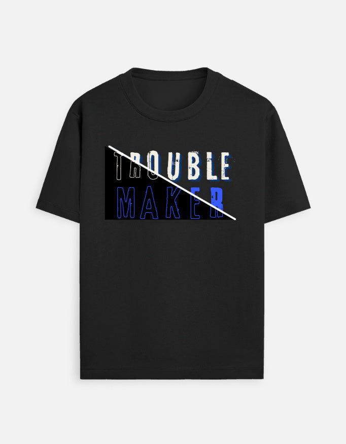 Black cotton t-shirt with "Trouble Maker" print, unisex regular fit - front view