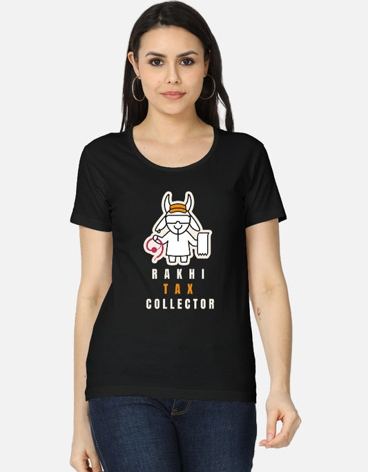 Black cotton t-shirt with "Rakhi Tax Collector" print, unisex regular fit - front view