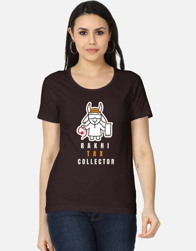 Coffee Brown cotton t-shirt with "Rakhi Tax Collector" print, unisex regular fit - front view
