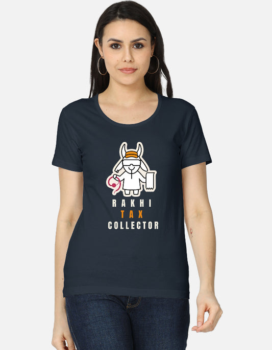 Navy Blue cotton t-shirt with "Rakhi Tax Collector" print, unisex regular fit - front view
