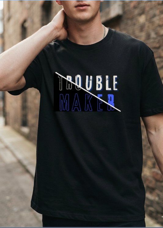 "Trouble Maker" cotton t-shirt, unisex regular fit, printed in India